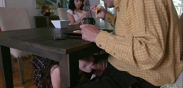 Bestie watching Aliya Brynn under the table as she sucks her stepdad